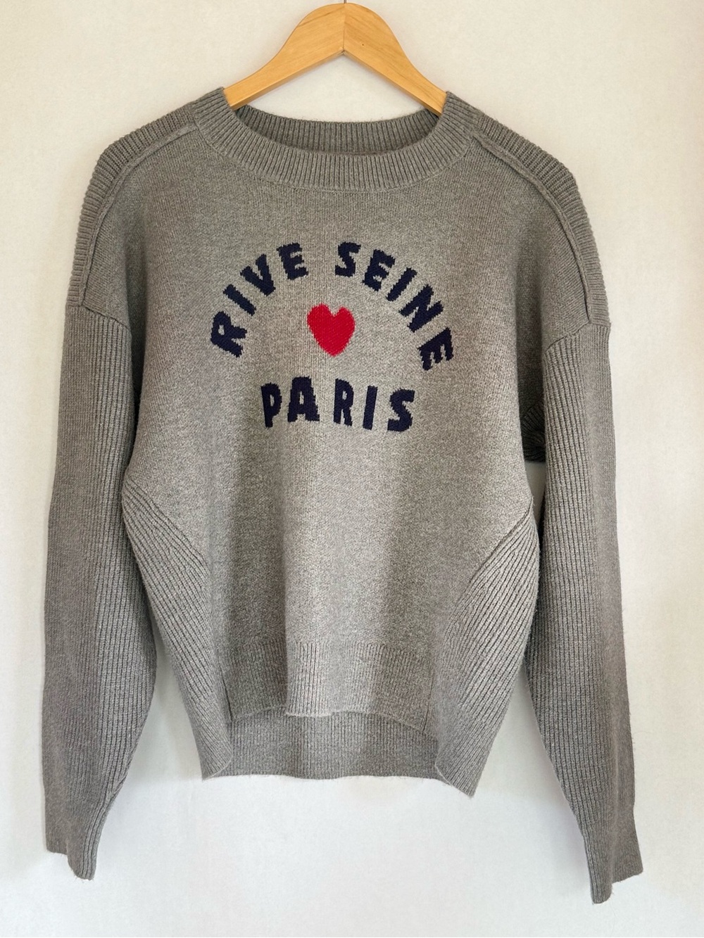 Maeve Gray Crewneck Sweater with Red Heart and Navy Text